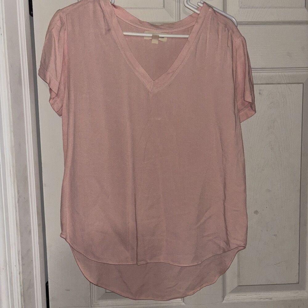 Cloth & Stone Shirt Womens Small Pink V Neck Short Sleeve Casual Rounded Hem